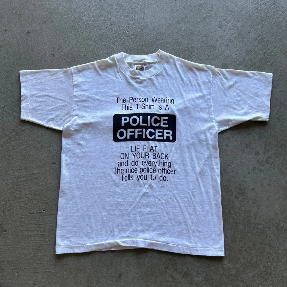 Vintage 90s Police‎ Officer Shirt Size Large White Lie Flat On Your Back Funny
